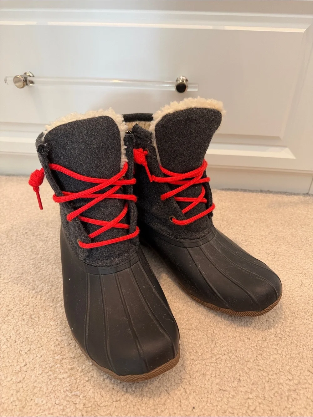 Sperry Black Winter Duck Boots with Red Laces